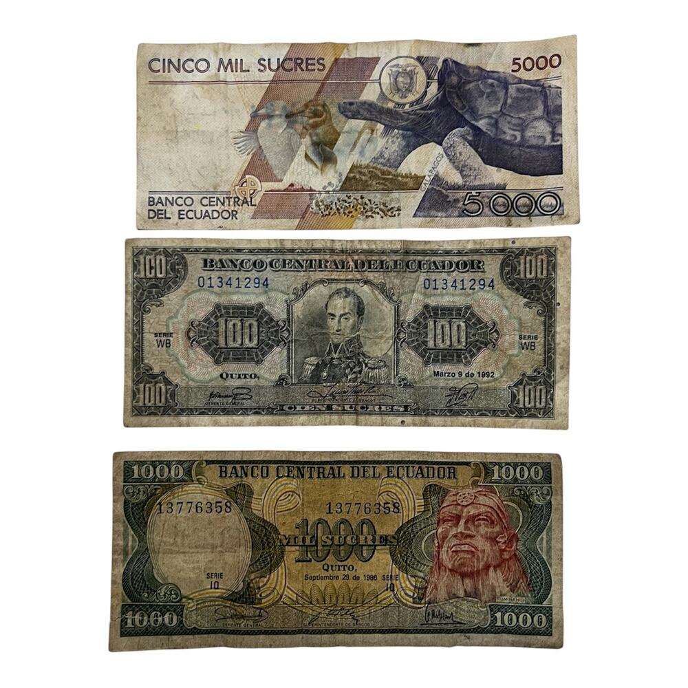 Lot of 3 Banco Central de Ecuador 100   1000 5000 Sucres Banknotes bill currency